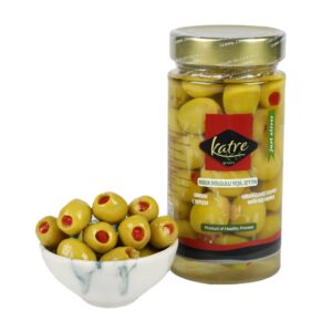 KATRE BİBERLİ YEŞİL ZEYTİN 270 gr CAM ЗЕЛЁНЫЕ ОЛИВКИ С ПЕРЦЕМ 270 гр GLASS *12 шт